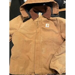 Carhartt Mens Duck Canvas Quilted Lined Hooded Work Jacket Tan USA Made X-Large